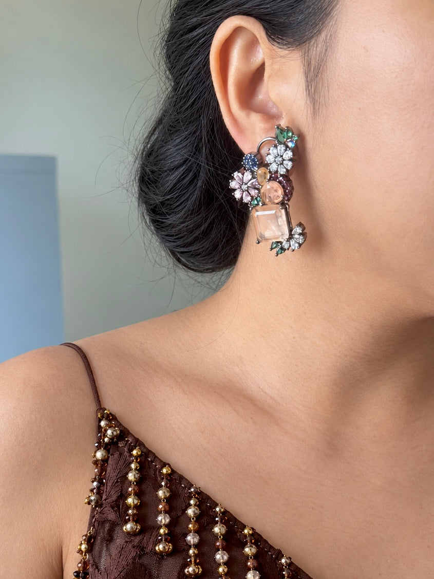 Peach Flower Cluster Doublet Stone Earrings