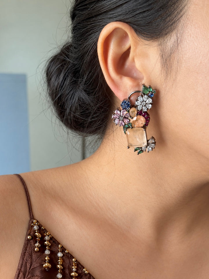 Peach Flower Cluster Doublet Stone Earrings