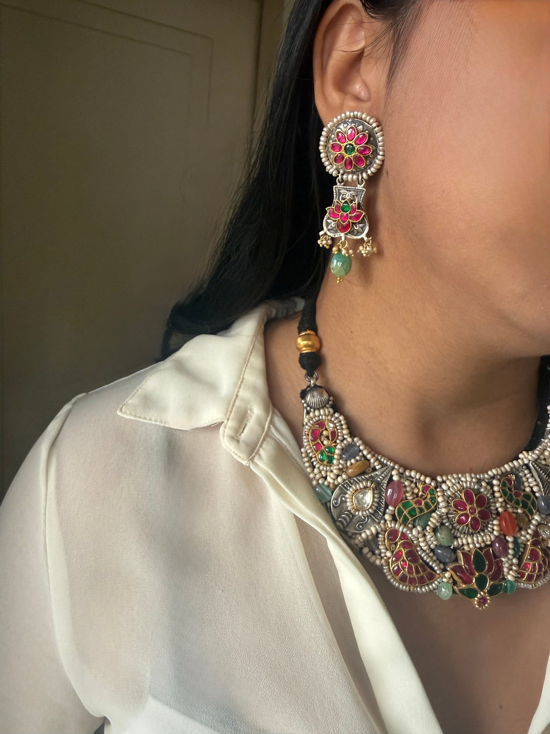 Handmade 925 Silver Nakhra Gemstone Necklace Set | SHIVKA