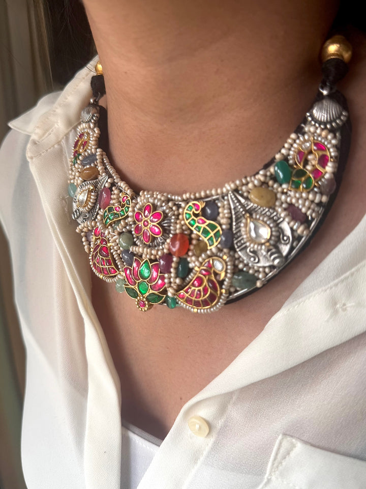 Handmade 925 Silver Nakhra Gemstone Necklace Set | SHIVKA