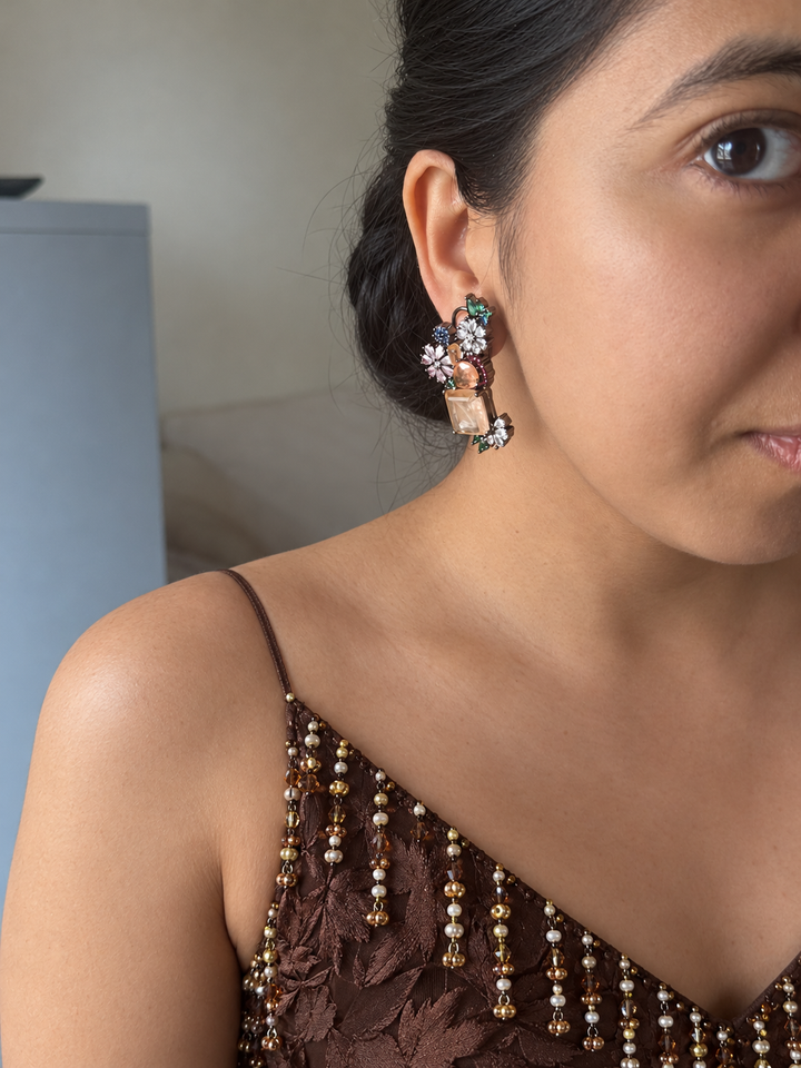 Peach Flower Cluster Doublet Stone Earrings