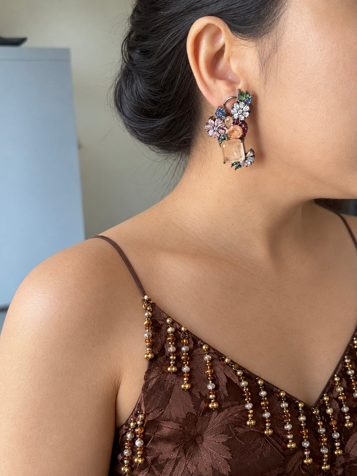 Peach Flower Cluster Doublet Stone Earrings