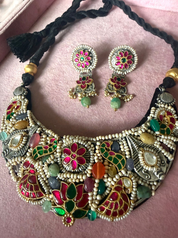 Handmade 925 Silver Nakhra Gemstone Necklace Set | SHIVKA