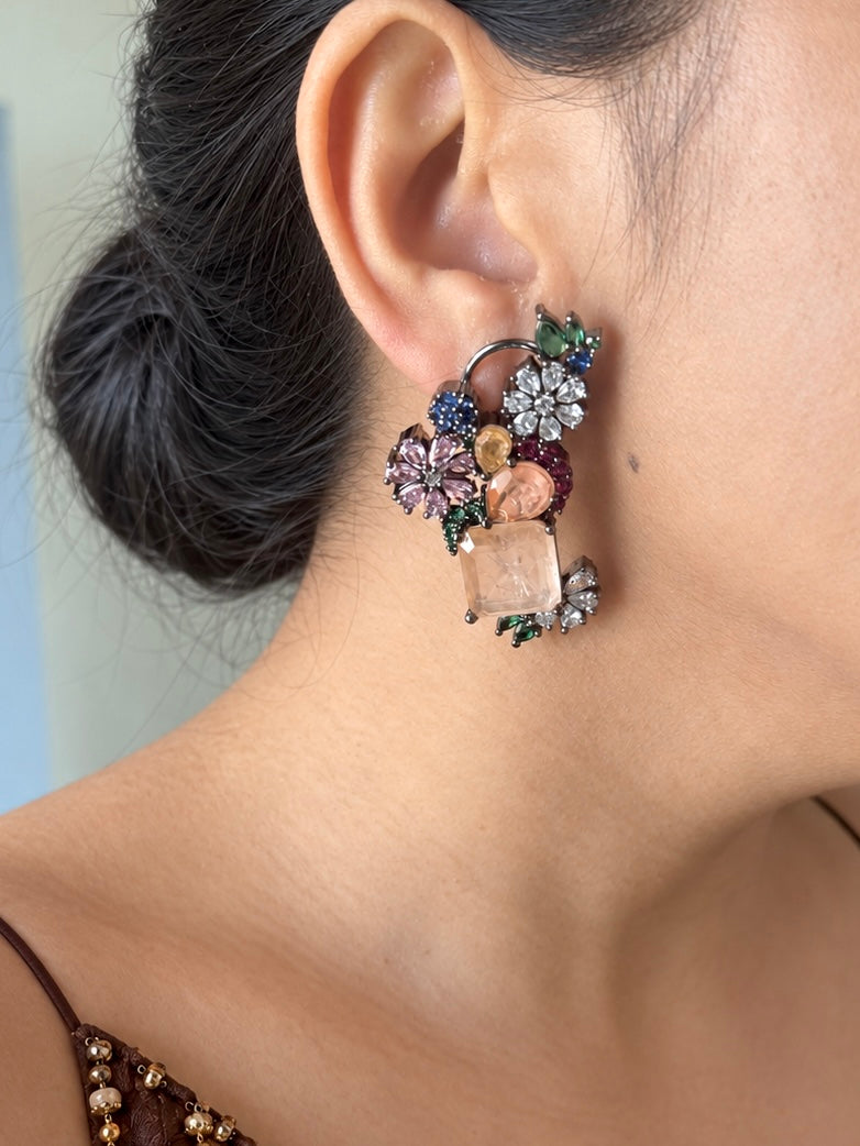 Peach Flower Cluster Doublet Stone Earrings