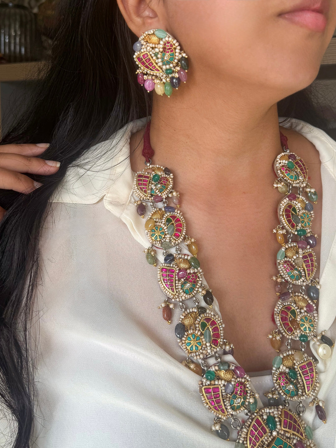 Handmade 925 Silver Nakhra Gemstone Necklace Set | SHIVKA
