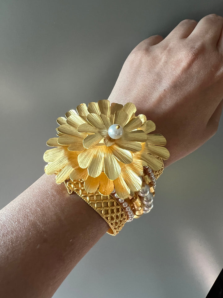 SHIVKA Premium Pearl & Brass Designer Cuff Bracelet Set | Openable Top | Extra Support Clip | Bridal Wedding Jewelry