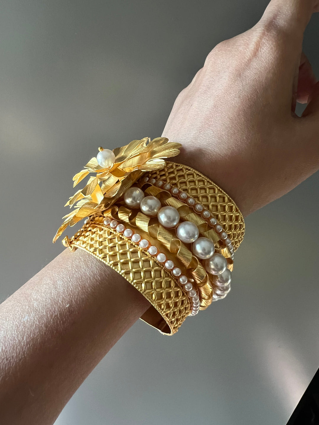 SHIVKA Premium Pearl & Brass Designer Cuff Bracelet Set | Openable Top | Extra Support Clip | Bridal Wedding Jewelry