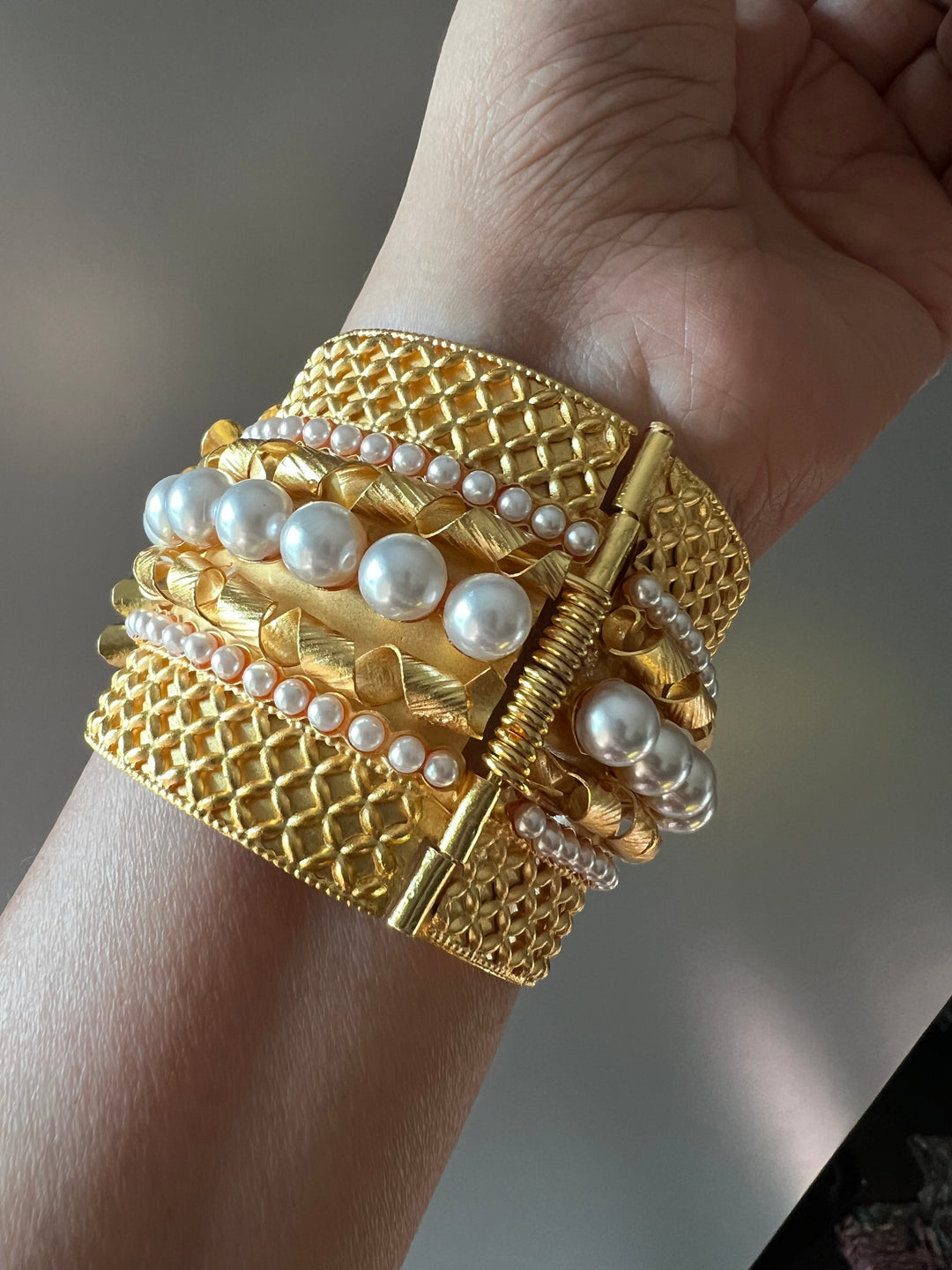 SHIVKA Premium Pearl & Brass Designer Cuff Bracelet Set | Openable Top | Extra Support Clip | Bridal Wedding Jewelry