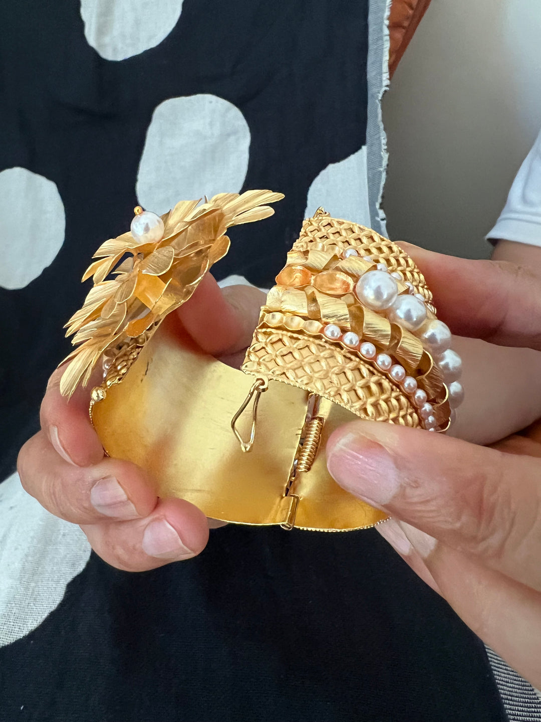 SHIVKA Premium Pearl & Brass Designer Cuff Bracelet Set | Openable Top | Extra Support Clip | Bridal Wedding Jewelry