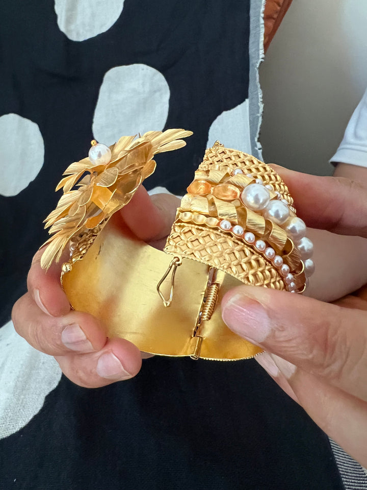 SHIVKA Premium Pearl & Brass Designer Cuff Bracelet Set | Openable Top | Extra Support Clip | Bridal Wedding Jewelry