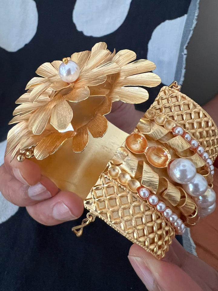 SHIVKA Premium Pearl & Brass Designer Cuff Bracelet Set | Openable Top | Extra Support Clip | Bridal Wedding Jewelry