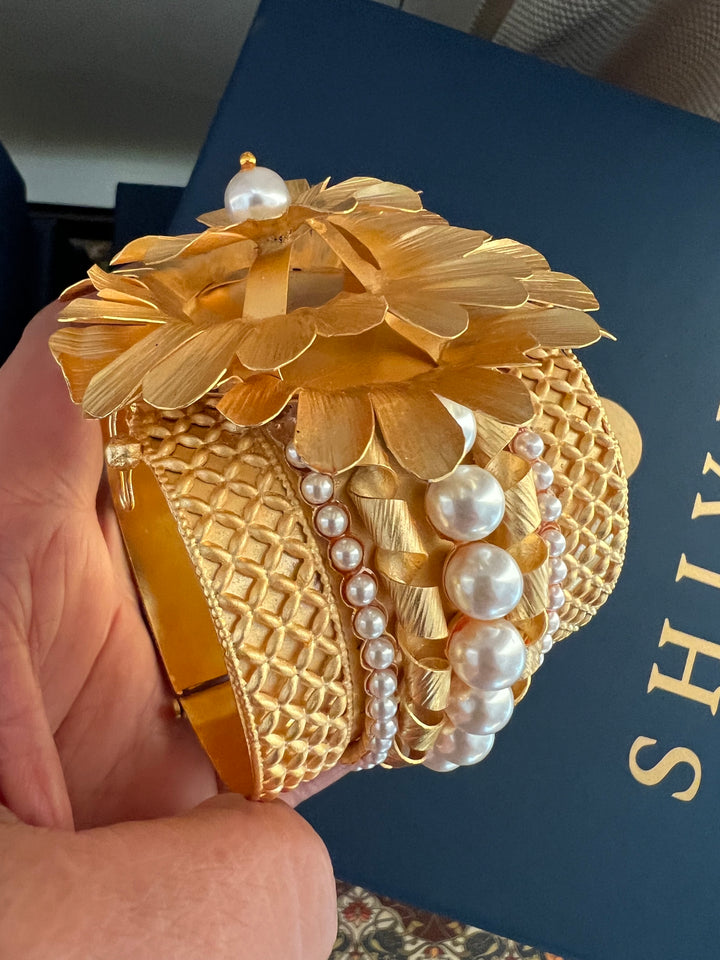 SHIVKA Premium Pearl & Brass Designer Cuff Bracelet Set | Openable Top | Extra Support Clip | Bridal Wedding Jewelry