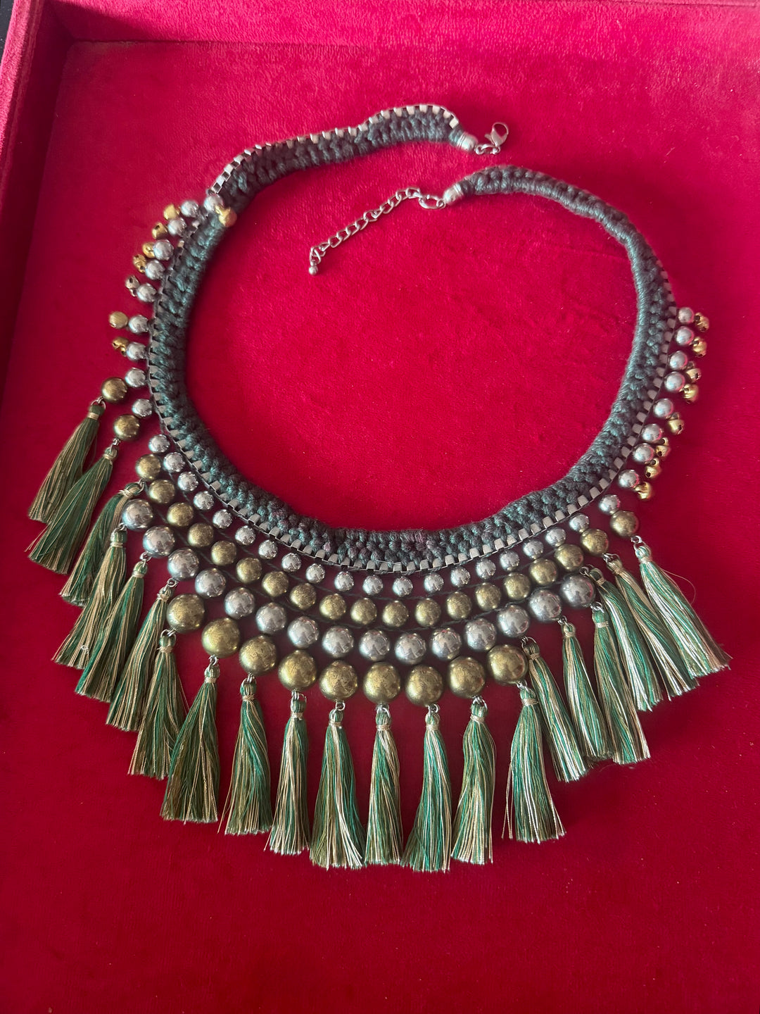 Handmade Green Thread Tassel Beaded Necklace | Adjustable Lobster Claw Statement Jewelry