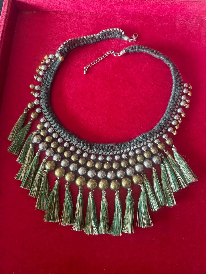 Handmade Green Thread Tassel Beaded Necklace | Adjustable Lobster Claw Statement Jewelry