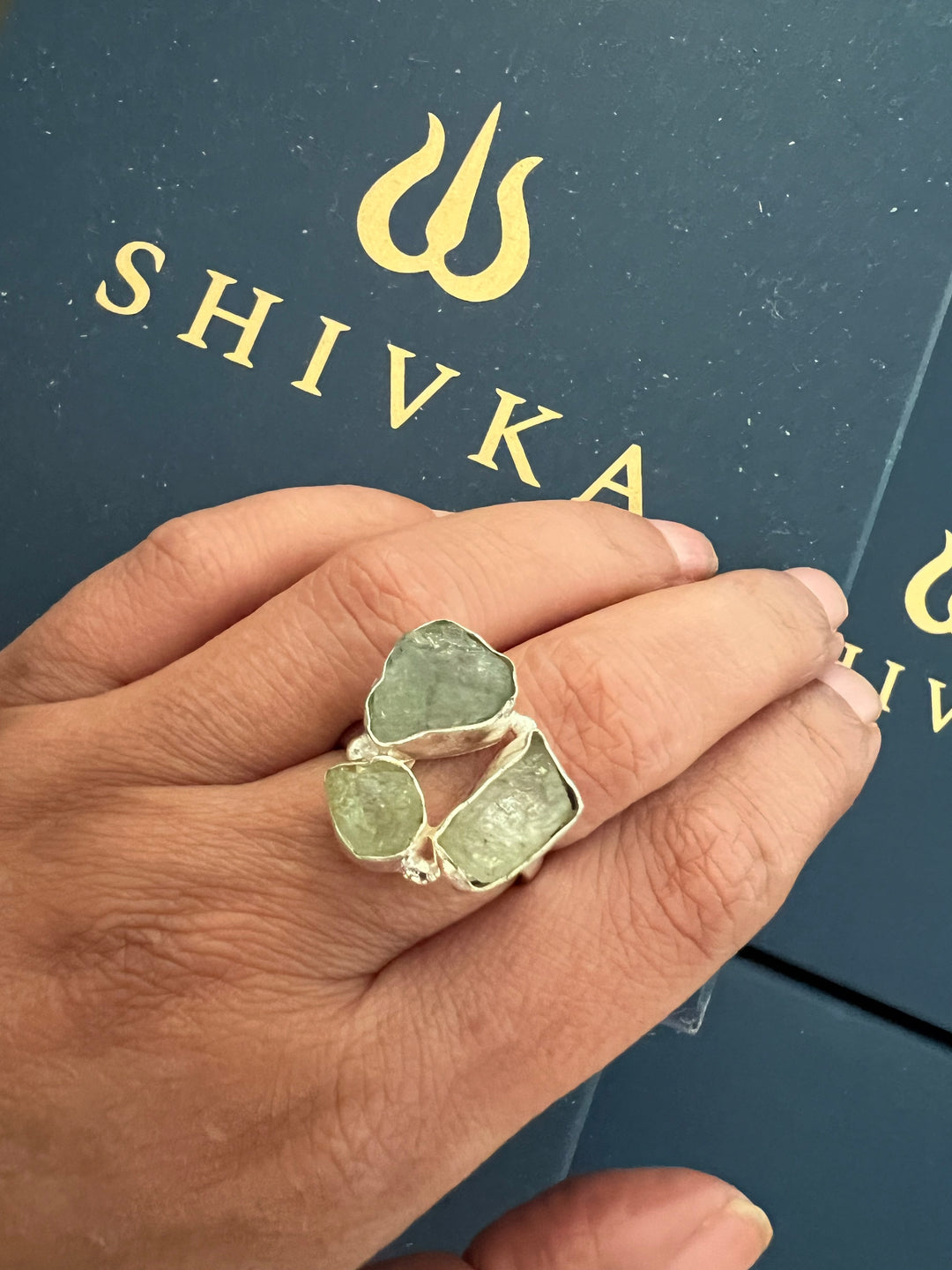 SHIVKA Natural Aquamarine Gemstone Ring | Brass with Silver Polish | UK Size 8 & 7 | Elegant Statement Jewelry