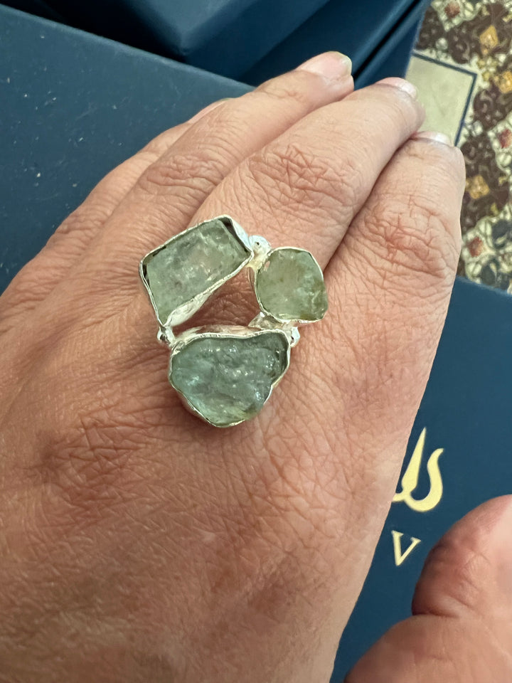 SHIVKA Natural Aquamarine Gemstone Ring | Brass with Silver Polish | UK Size 8 & 7 | Elegant Statement Jewelry