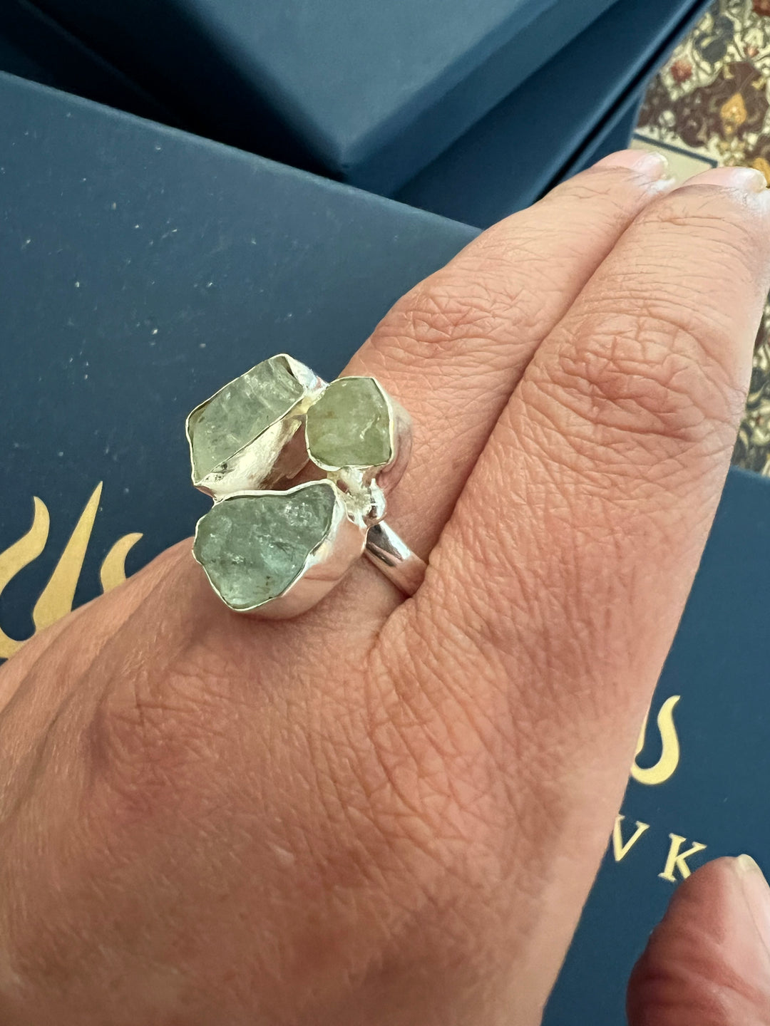 SHIVKA Natural Aquamarine Gemstone Ring | Brass with Silver Polish | UK Size 8 & 7 | Elegant Statement Jewelry