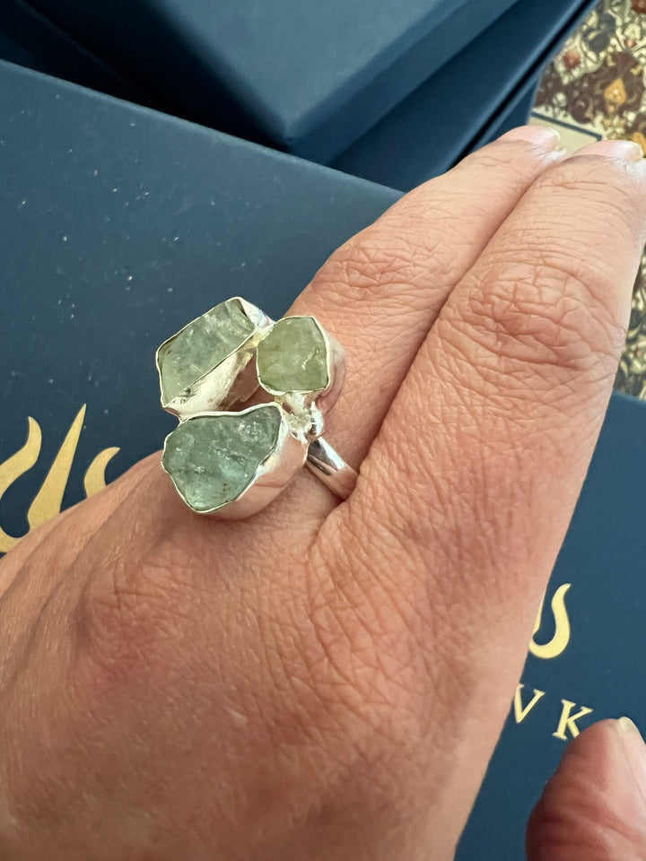 SHIVKA Natural Aquamarine Gemstone Ring | Brass with Silver Polish | UK Size 8 & 7 | Elegant Statement Jewelry