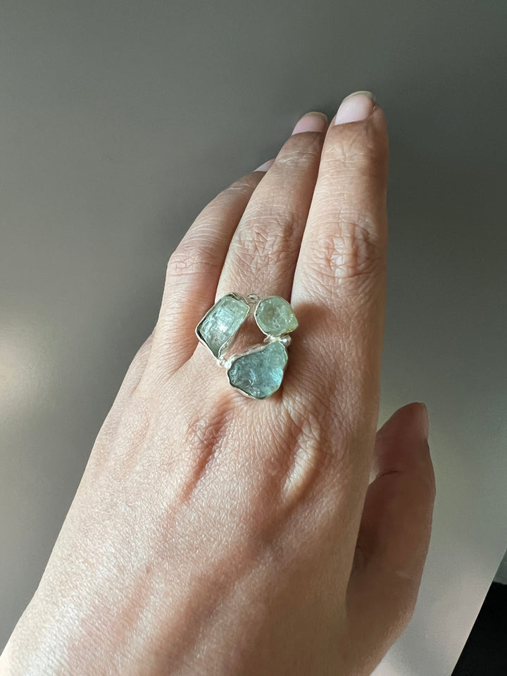 SHIVKA Natural Aquamarine Gemstone Ring | Brass with Silver Polish | UK Size 8 & 7 | Elegant Statement Jewelry