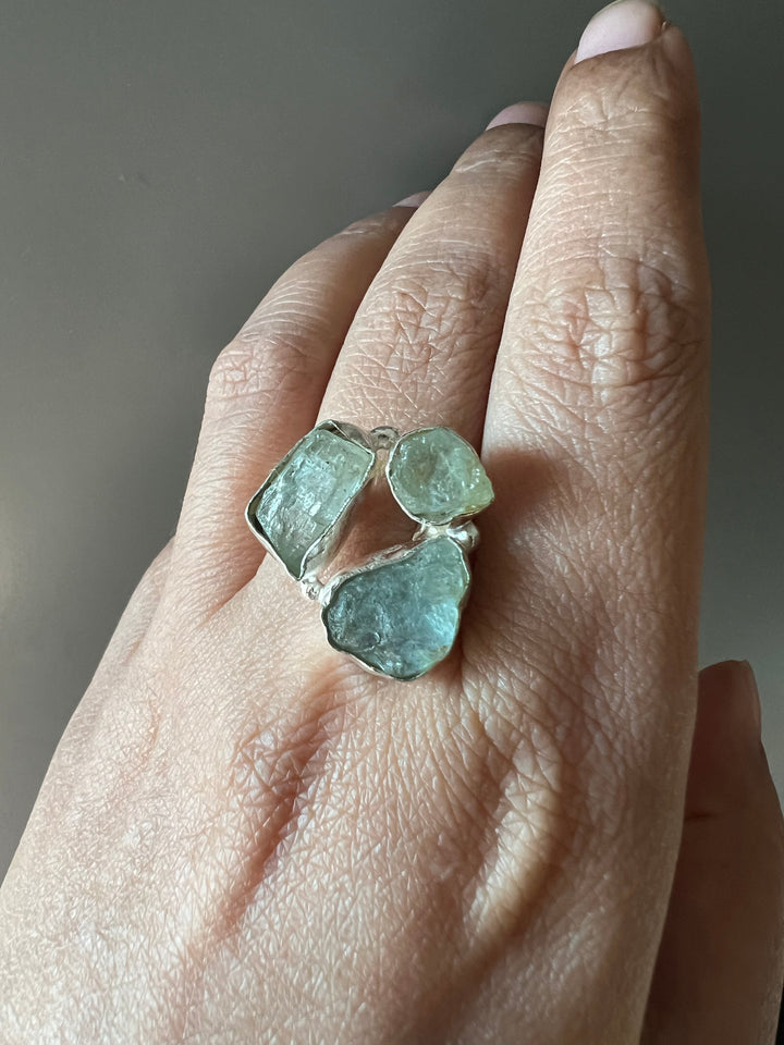 SHIVKA Natural Aquamarine Gemstone Ring | Brass with Silver Polish | UK Size 8 & 7 | Elegant Statement Jewelry
