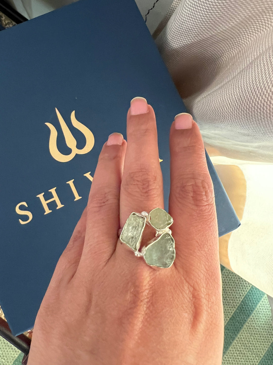 SHIVKA Natural Aquamarine Gemstone Ring | Brass with Silver Polish | UK Size 8 & 7 | Elegant Statement Jewelry