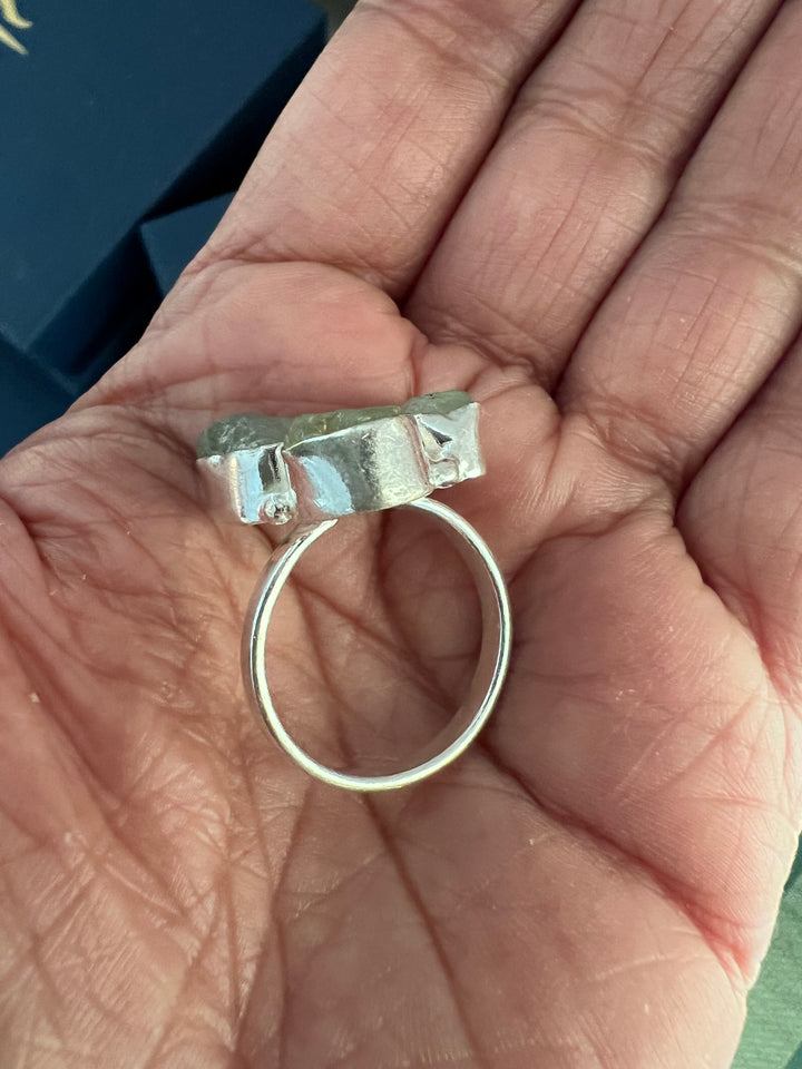 SHIVKA Natural Aquamarine Gemstone Ring | Brass with Silver Polish | UK Size 8 & 7 | Elegant Statement Jewelry