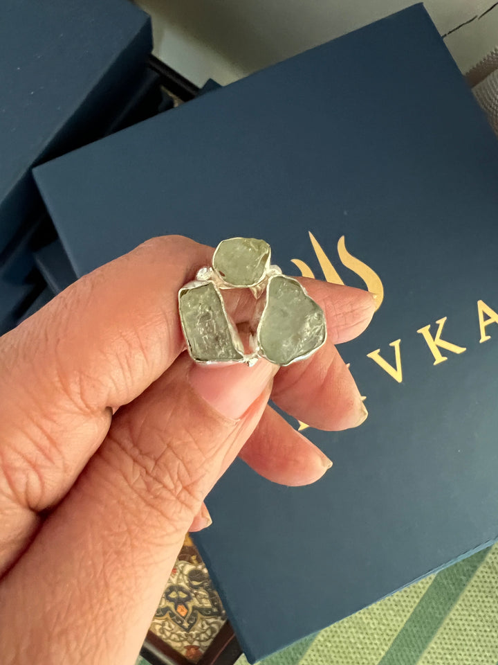 SHIVKA Natural Aquamarine Gemstone Ring | Brass with Silver Polish | UK Size 8 & 7 | Elegant Statement Jewelry