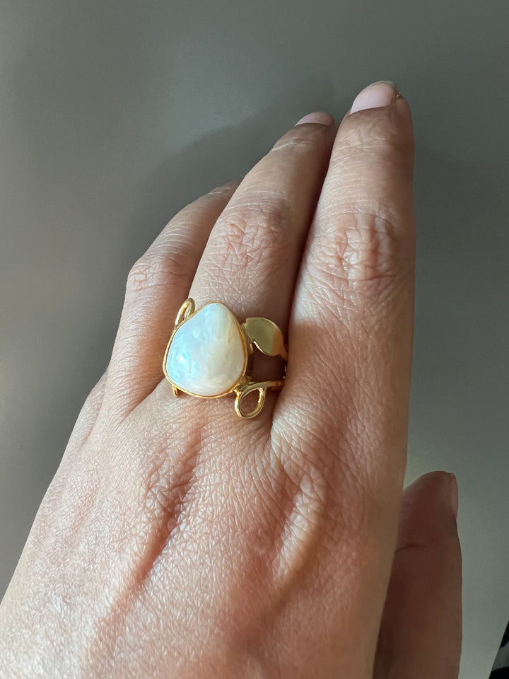 Natural Pearl Gold-Tone Ring | SHIVKA | Brass with Gold Polish | US Size 7.5 | Elegant Statement Ring