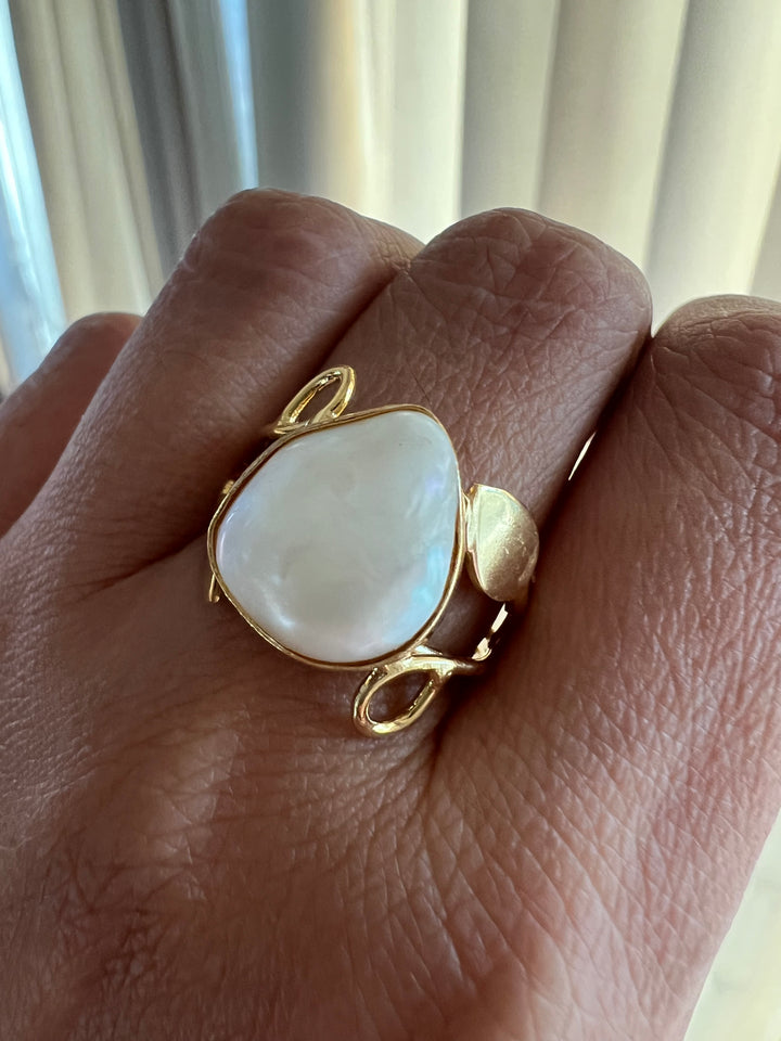 Natural Pearl Gold-Tone Ring | SHIVKA | Brass with Gold Polish | US Size 7.5 | Elegant Statement Ring