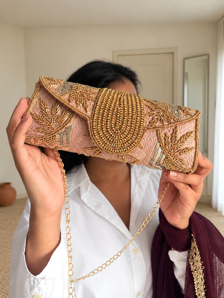 Aurea Envelope Clutch & Sling Bag – Blush Pink & Gold