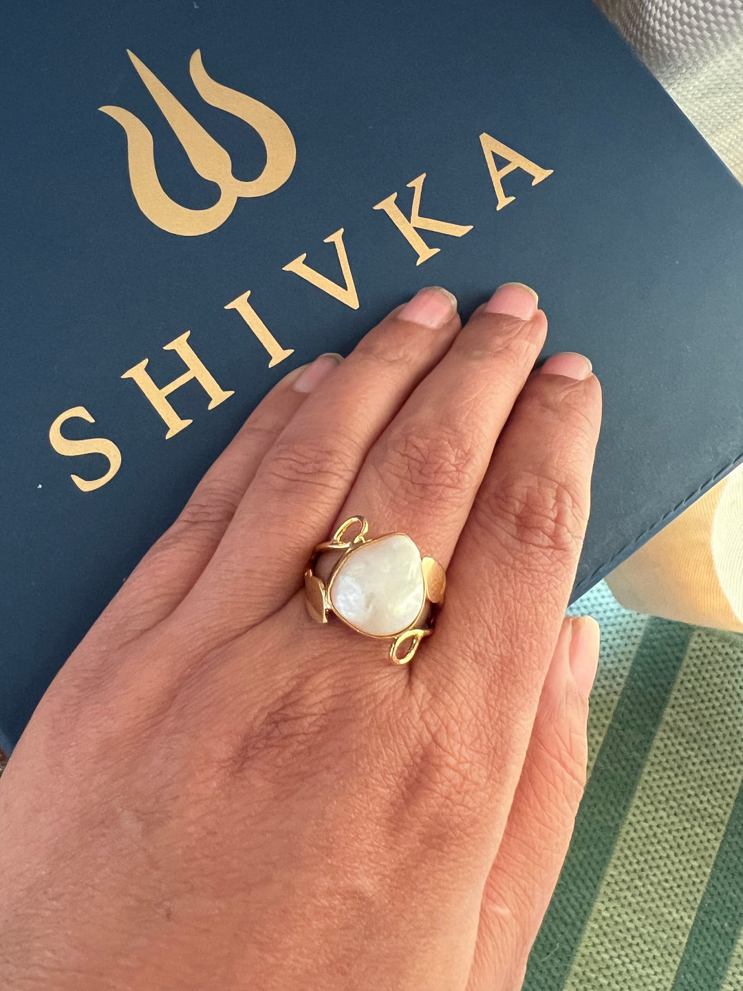 Natural Pearl Gold-Tone Ring | SHIVKA | Brass with Gold Polish | US Size 7.5 | Elegant Statement Ring