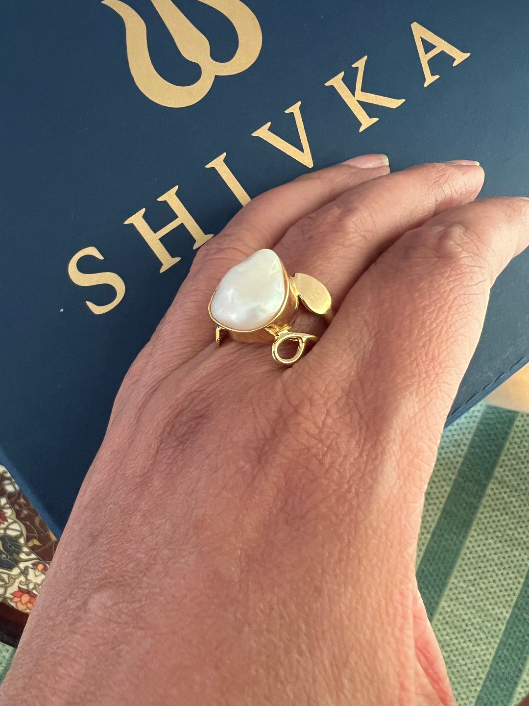 Natural Pearl Gold-Tone Ring | SHIVKA | Brass with Gold Polish | US Size 7.5 | Elegant Statement Ring