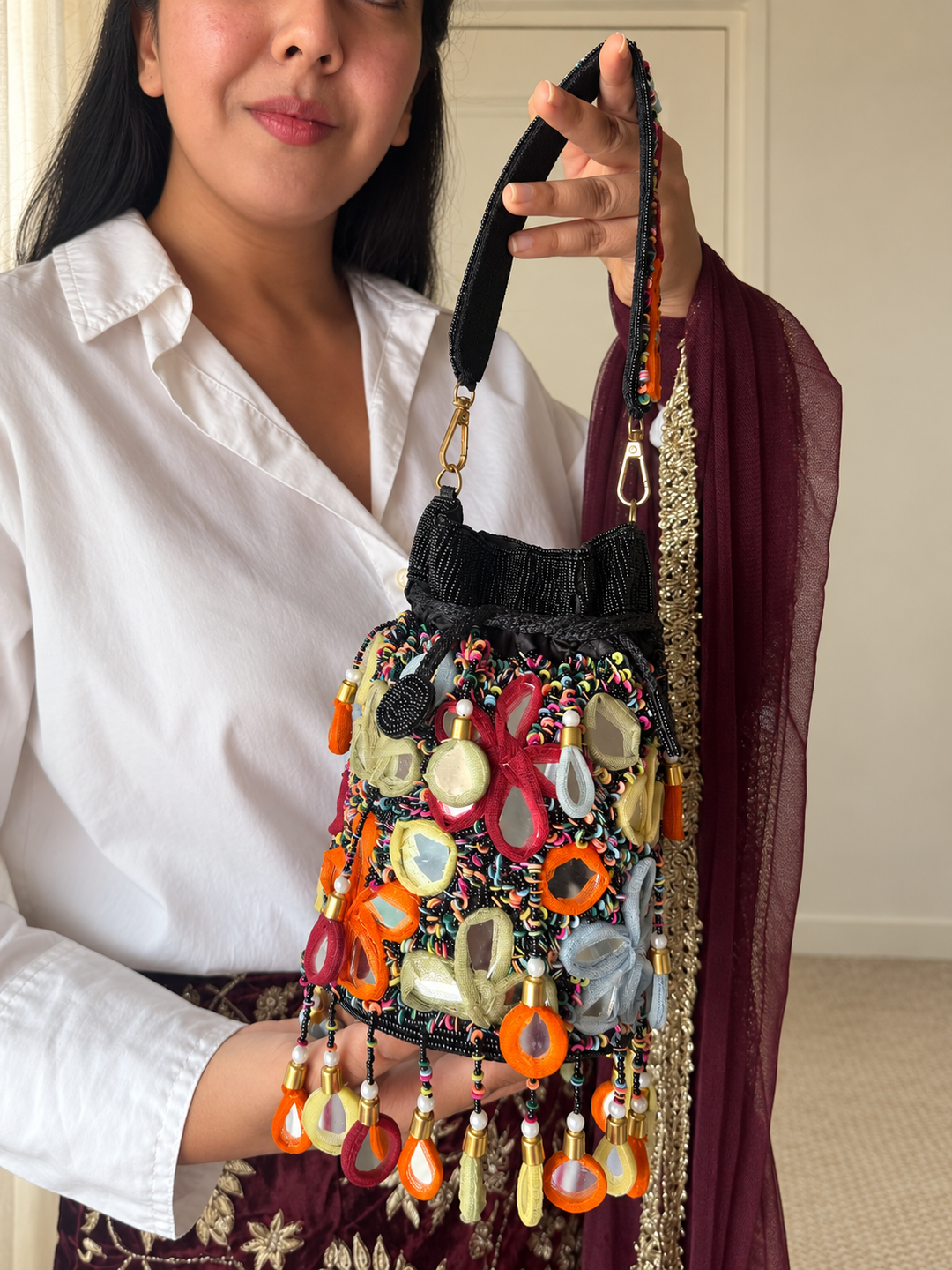 Handmade Multicolour Mirror Work Potli Bag