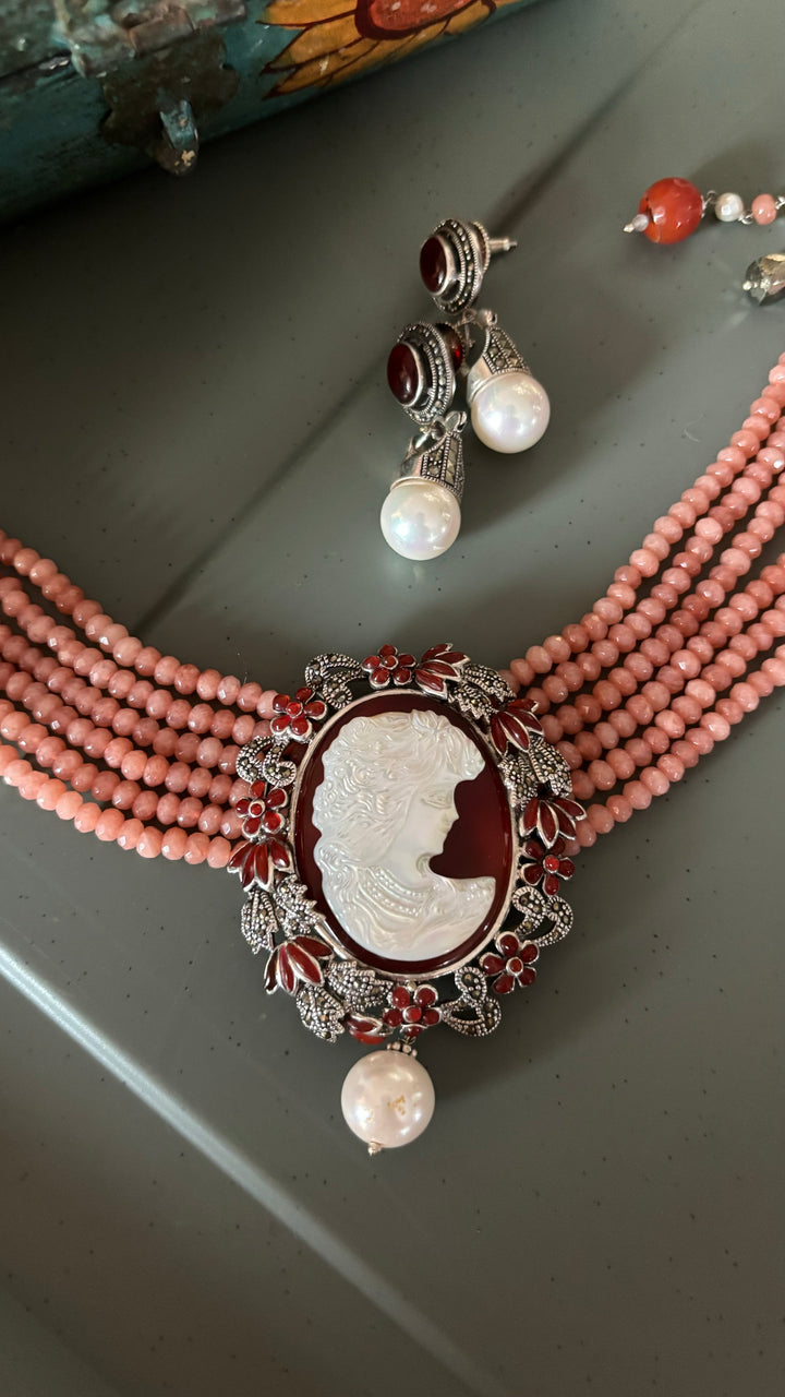 MOP Silver Jade Choker Necklace set with Cameo work - Unmatched Quality and Style