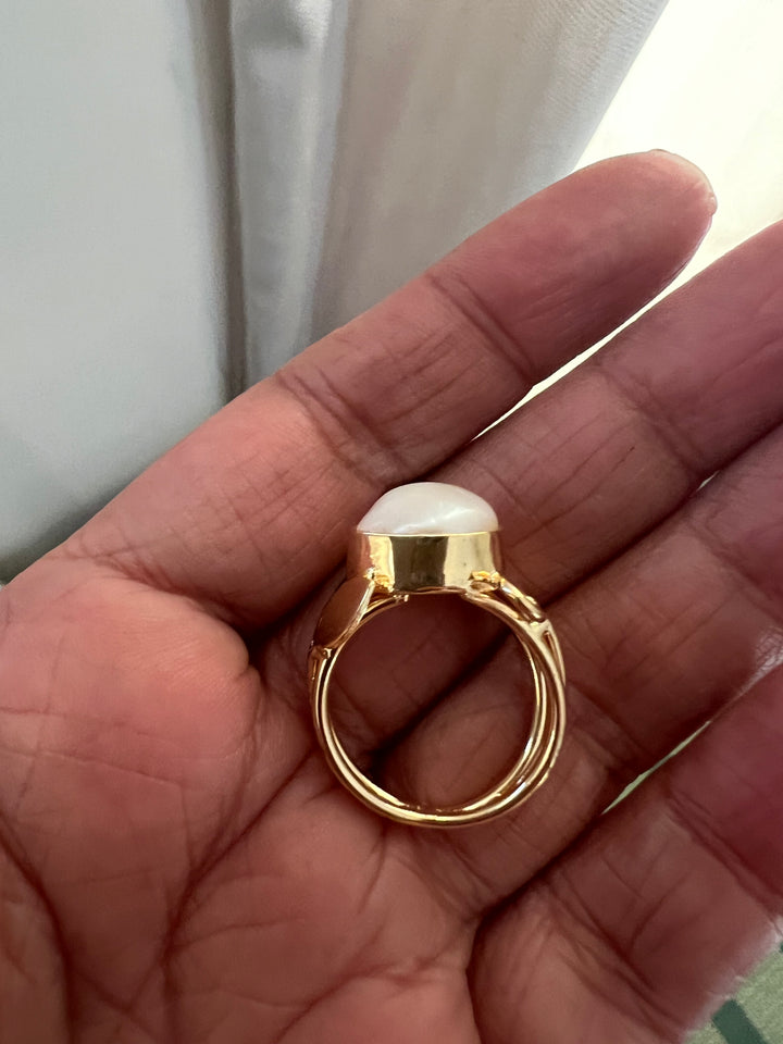 Natural Pearl Gold-Tone Ring | SHIVKA | Brass with Gold Polish | US Size 7.5 | Elegant Statement Ring