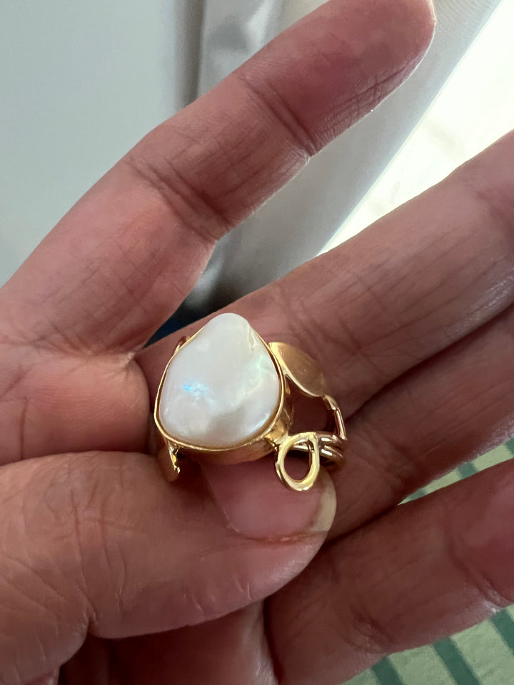 Natural Pearl Gold-Tone Ring | SHIVKA | Brass with Gold Polish | US Size 7.5 | Elegant Statement Ring