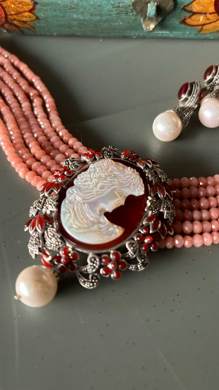 MOP Silver Jade Choker Necklace set with Cameo work - Unmatched Quality and Style