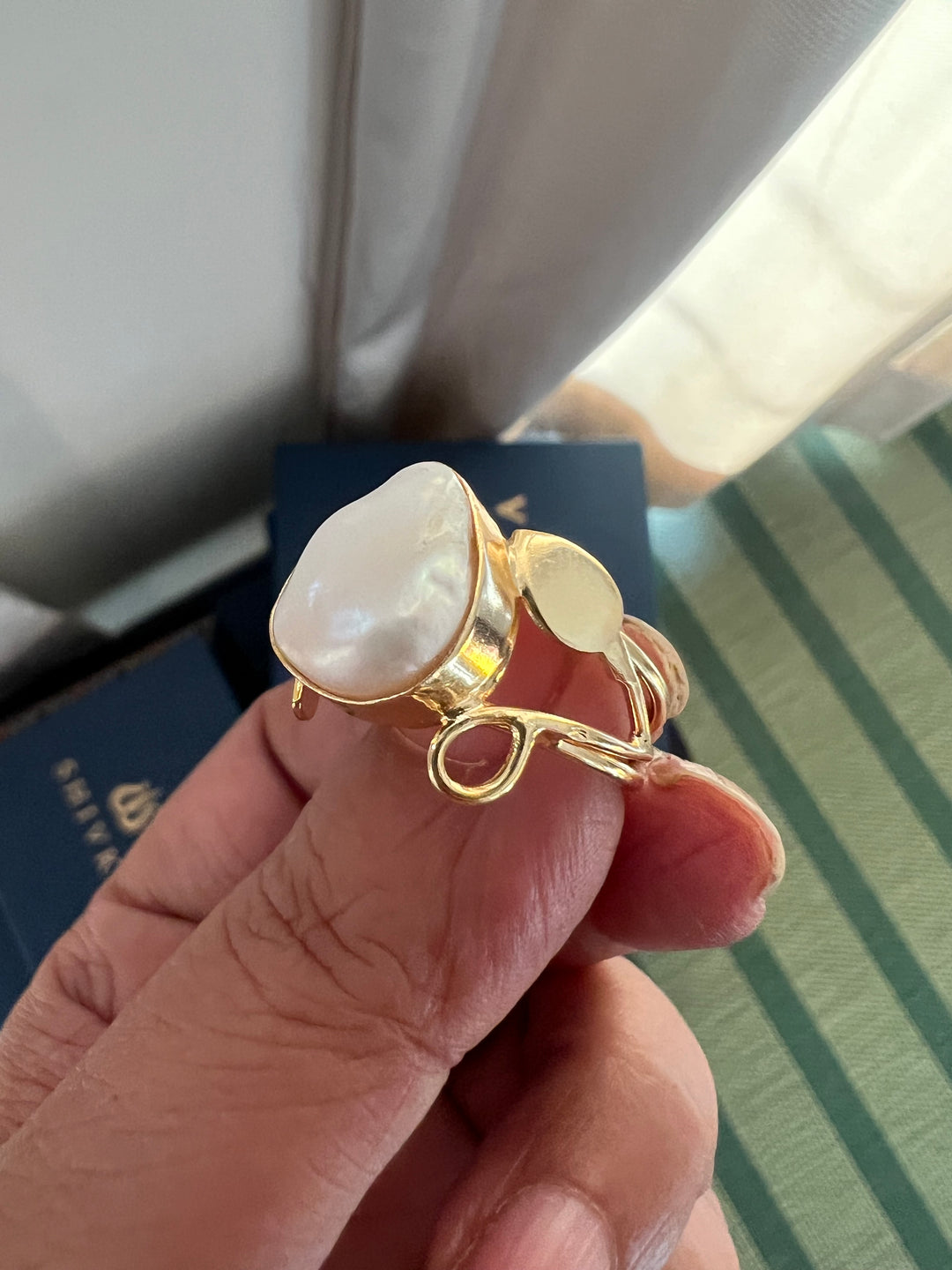 Natural Pearl Gold-Tone Ring | SHIVKA | Brass with Gold Polish | US Size 7.5 | Elegant Statement Ring