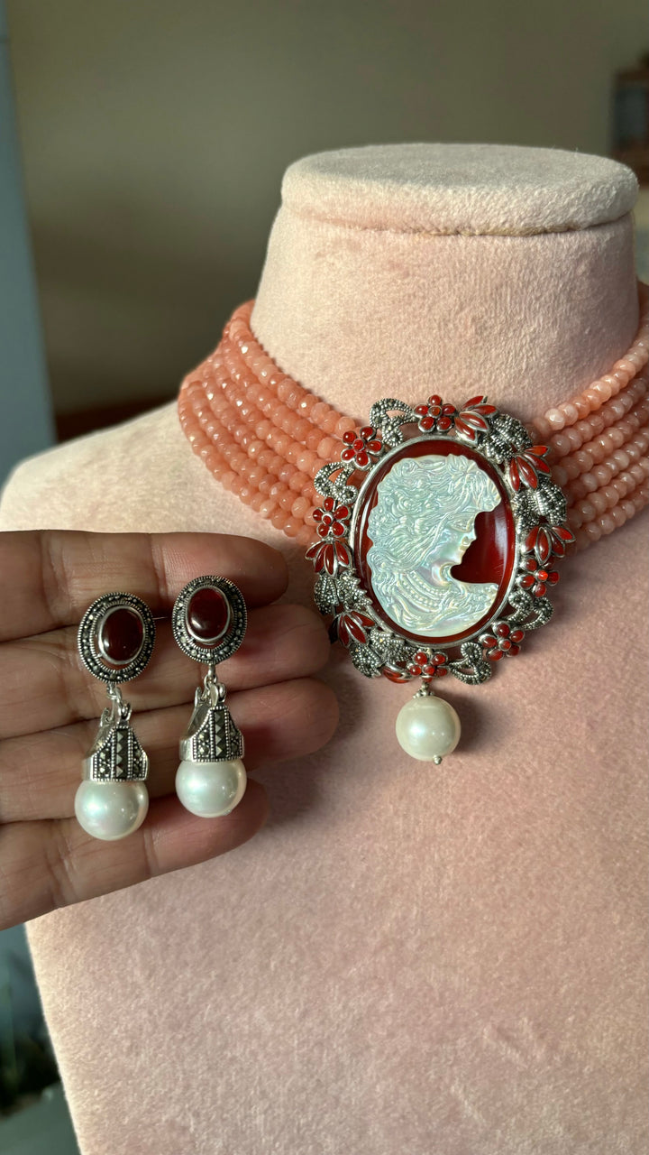 MOP Silver Jade Choker Necklace set with Cameo work - Unmatched Quality and Style