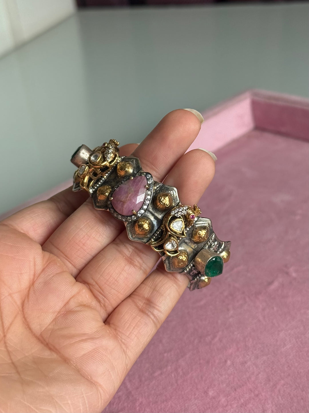 SHIVKA Fusion Moissanite 925 Silver Cuff Kada | Dual Tone Mesh Design | Openable | 49g