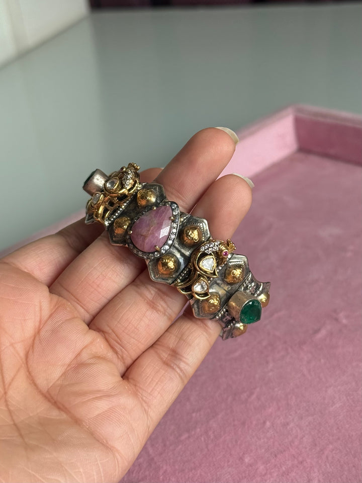 SHIVKA Fusion Moissanite 925 Silver Cuff Kada | Dual Tone Mesh Design | Openable | 49g
