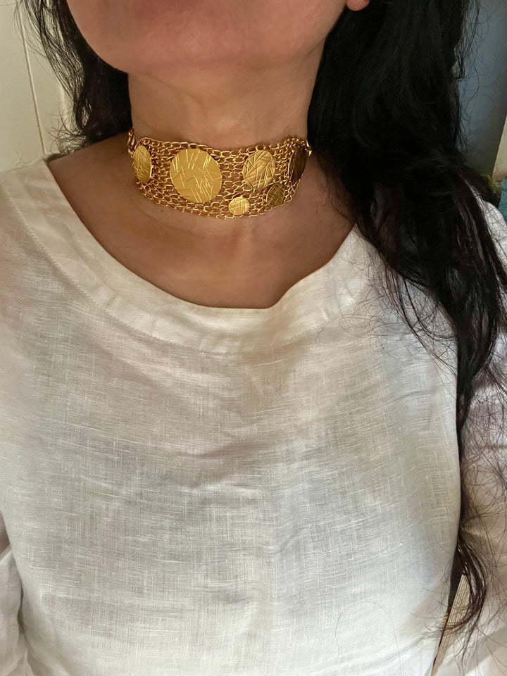 SHIVKA Statement Gold-Tone Mesh Choker | Brass with Gold Polish | Flexible & Comfortable Fit | Adjustable Toggle Clasp