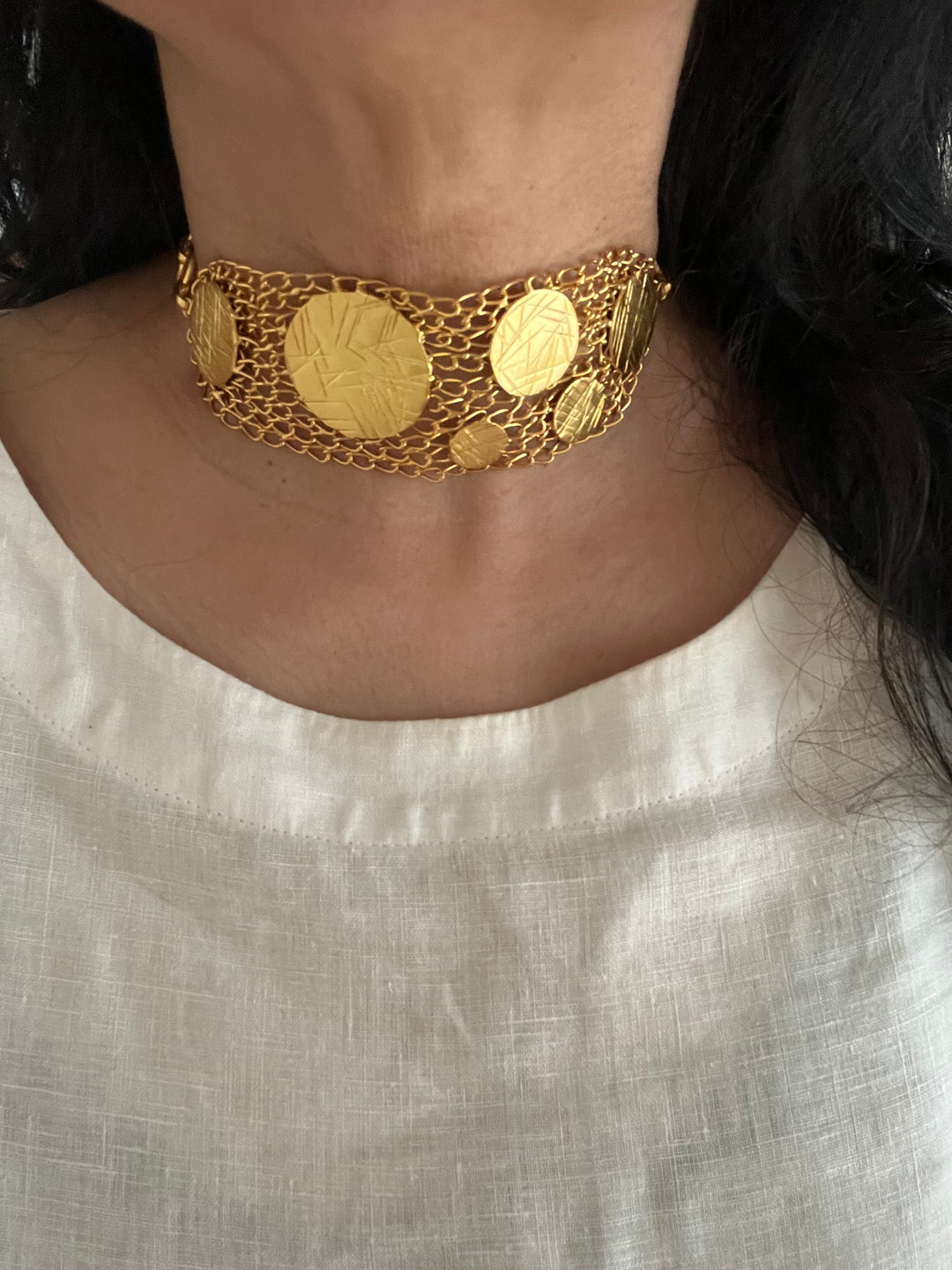 SHIVKA Statement Gold-Tone Mesh Choker | Brass with Gold Polish | Flexible & Comfortable Fit | Adjustable Toggle Clasp