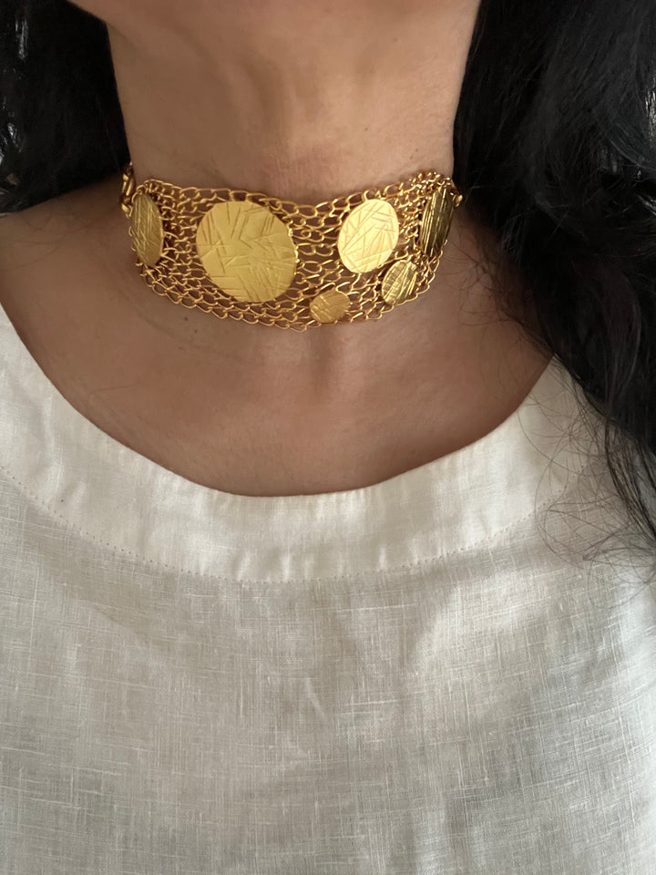 SHIVKA Statement Gold-Tone Mesh Choker | Brass with Gold Polish | Flexible & Comfortable Fit | Adjustable Toggle Clasp