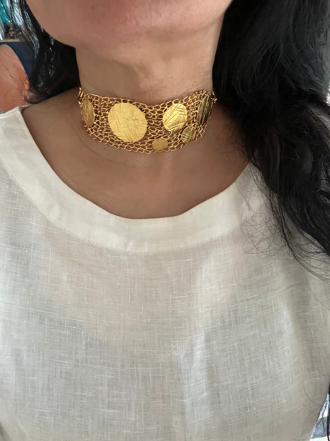 SHIVKA Statement Gold-Tone Mesh Choker | Brass with Gold Polish | Flexible & Comfortable Fit | Adjustable Toggle Clasp