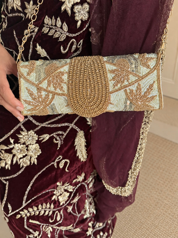 Aurea Envelope Clutch & Sling Bag – Mint Green & Gold