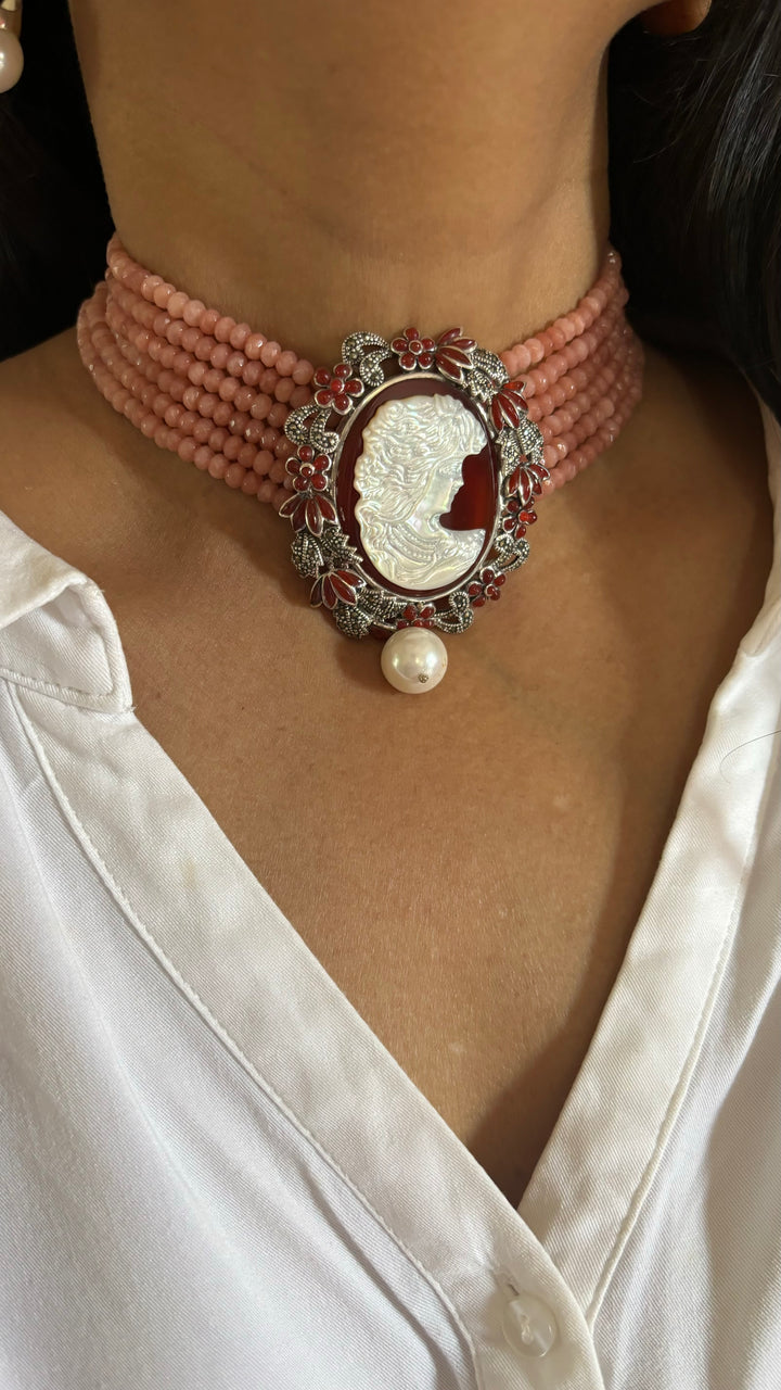 MOP Silver Jade Choker Necklace set with Cameo work - Unmatched Quality and Style