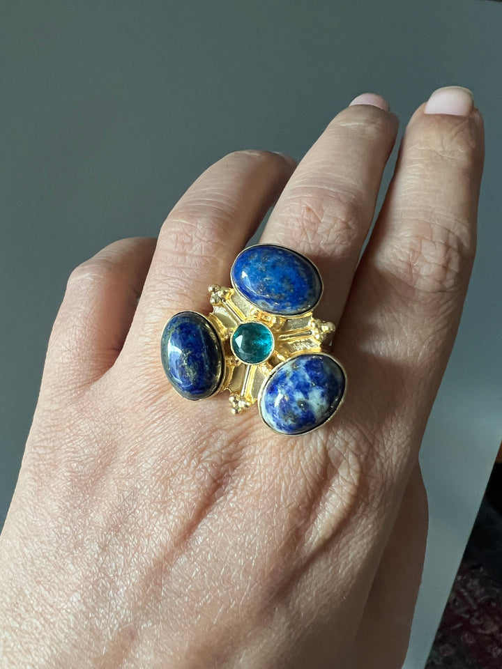 SHIVKA Natural Lapis Lazuli Statement Ring | Adjustable Size | Brass with Gold Polish | Bold 3cm Design