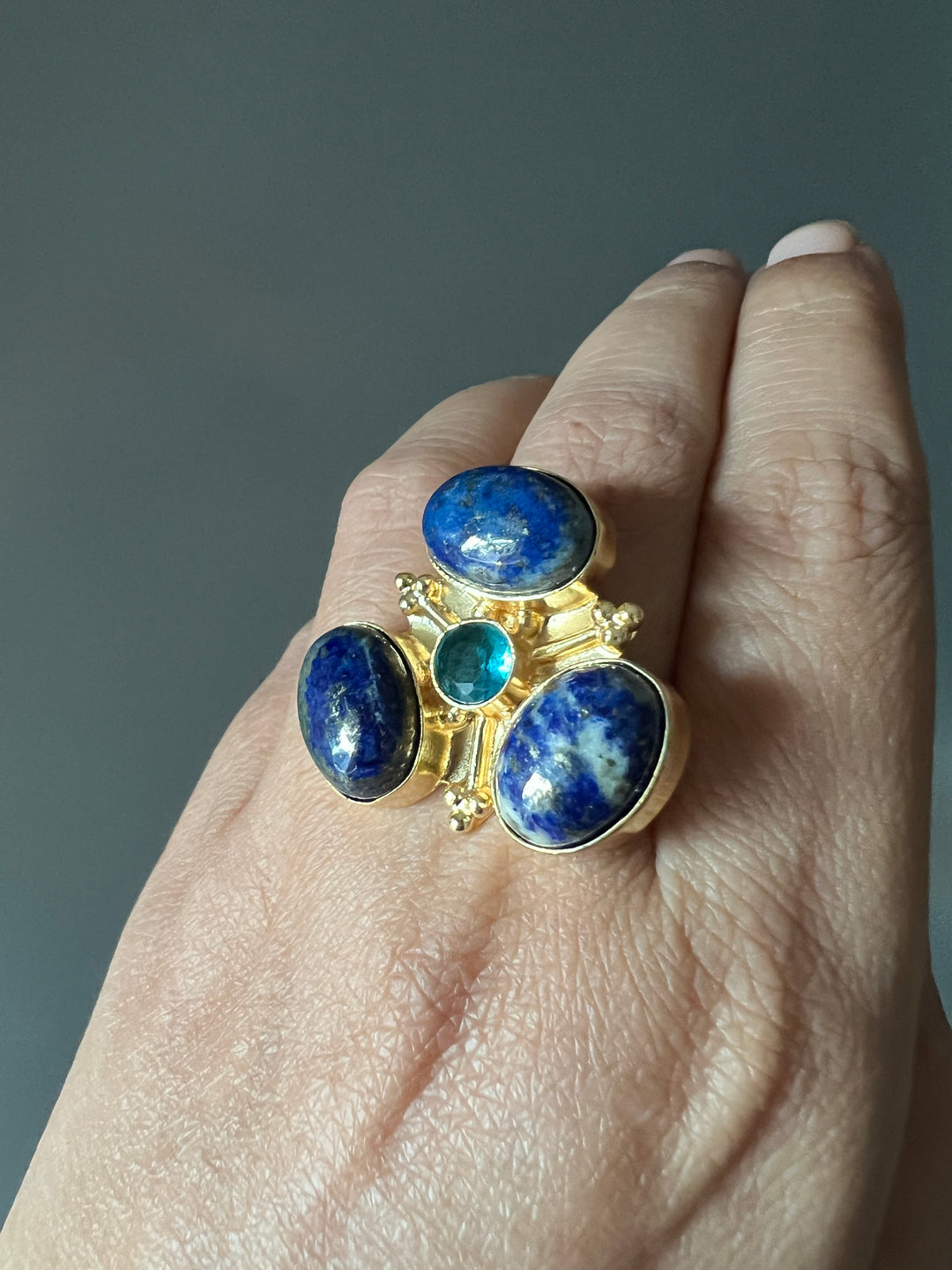 SHIVKA Natural Lapis Lazuli Statement Ring | Adjustable Size | Brass with Gold Polish | Bold 3cm Design
