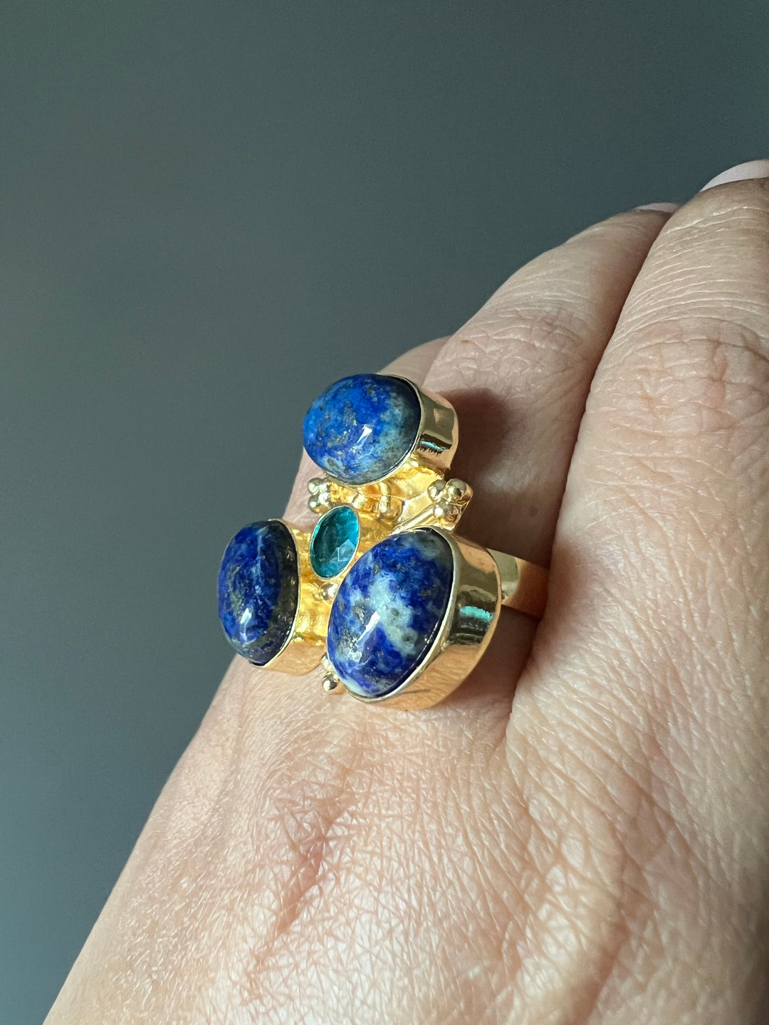 SHIVKA Natural Lapis Lazuli Statement Ring | Adjustable Size | Brass with Gold Polish | Bold 3cm Design